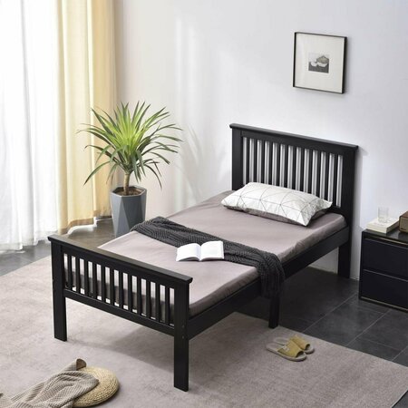 KD MUEBLES DE DORMITORIO 39 x 42 x 79 in. Jassmine Solid Wood Platform Pine Twin Size Bed, Black KD2536515